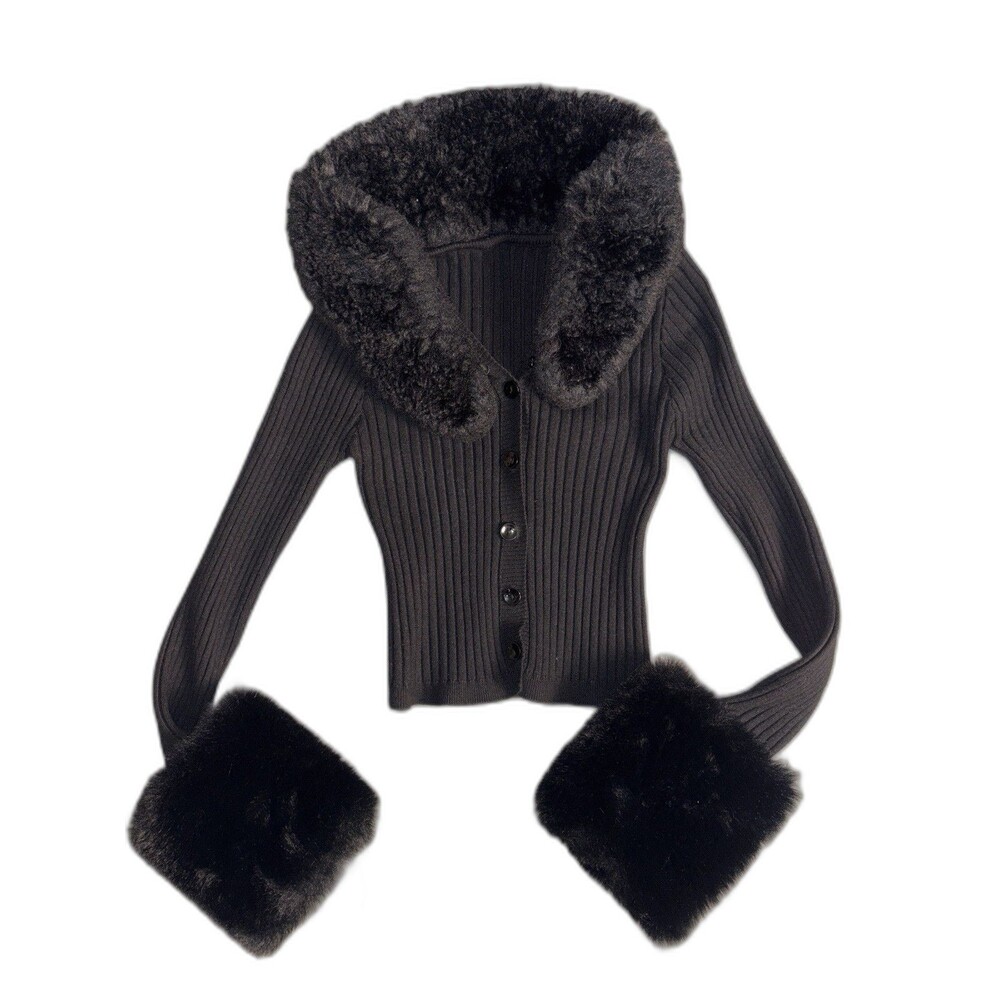 Black Sweater w/Faux Fur Collar Sleeves Sz XS/S Dark Romantic Whimsigoth Fairy